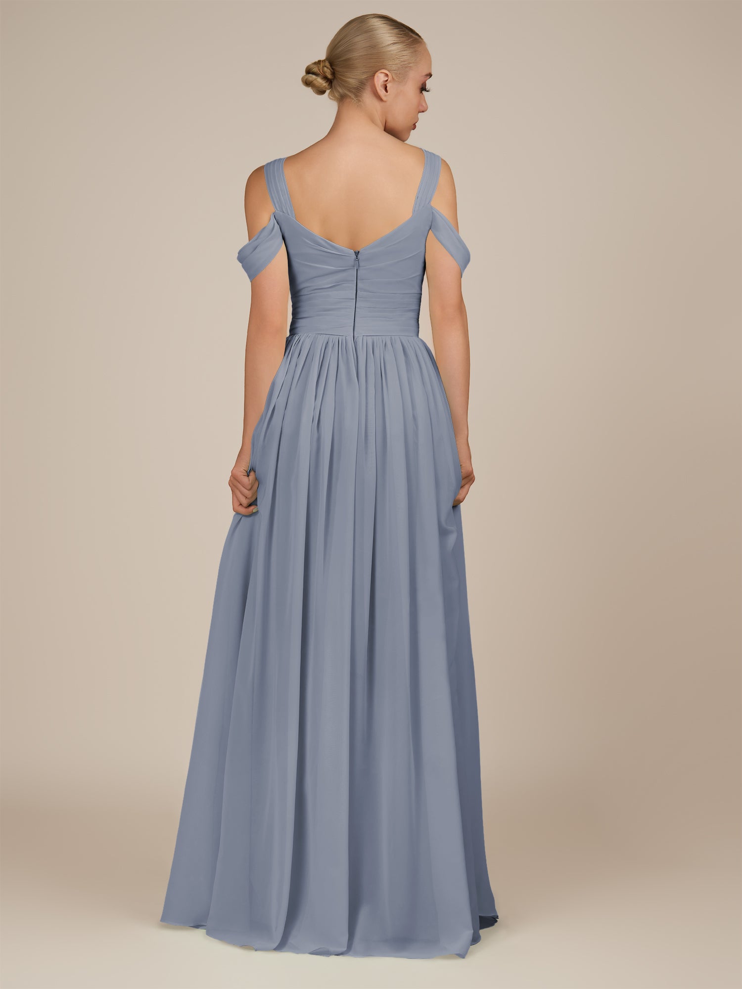 KissDress-Faye Twilight A Line Chiffon Off the Shoulder Pleated Long Bridesmaid Dress with Slit