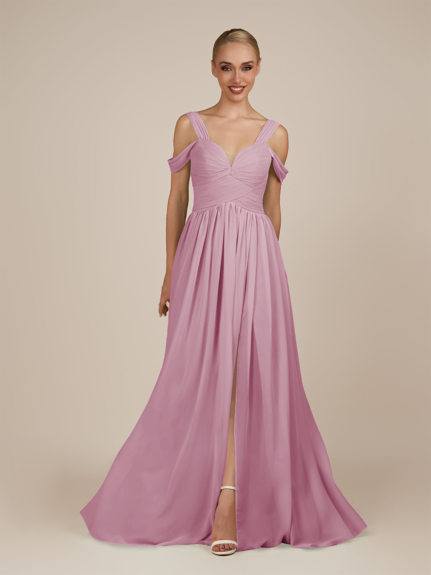 KissDress-Faye Vintage Mauve A Line Chiffon Off the Shoulder Pleated Long Bridesmaid Dress with Slit