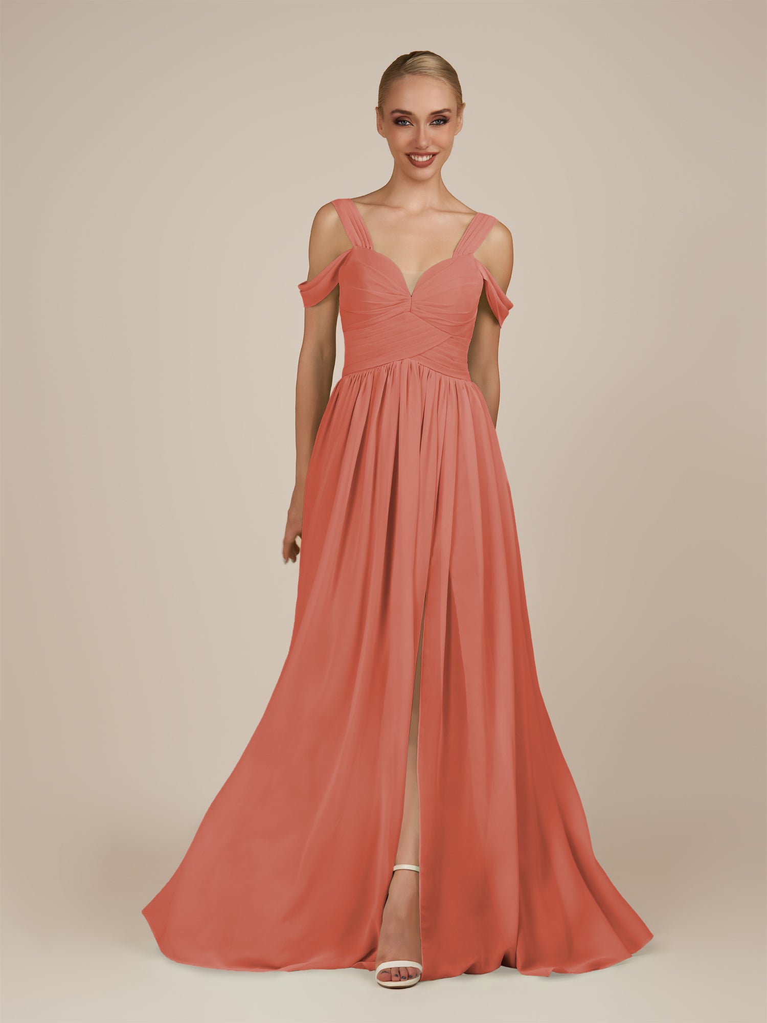KissDress-Faye Wild Rose A Line Chiffon Off the Shoulder Pleated Long Bridesmaid Dress with Slit