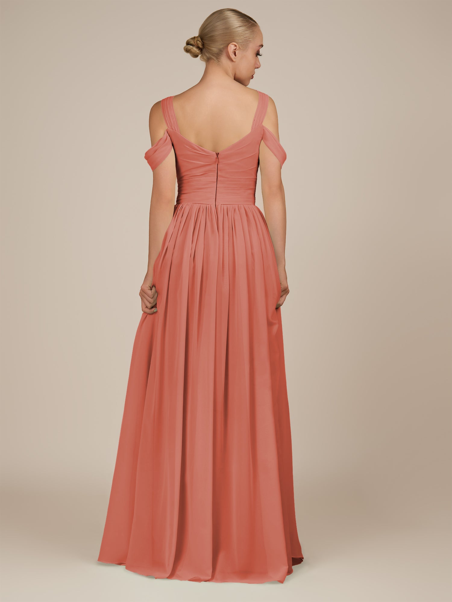 KissDress-Faye Wild Rose A Line Chiffon Off the Shoulder Pleated Long Bridesmaid Dress with Slit