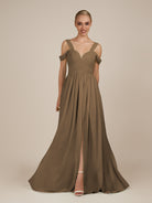 KissDress-Faye Willow Green A Line Chiffon Off the Shoulder Pleated Long Bridesmaid Dress with Slit