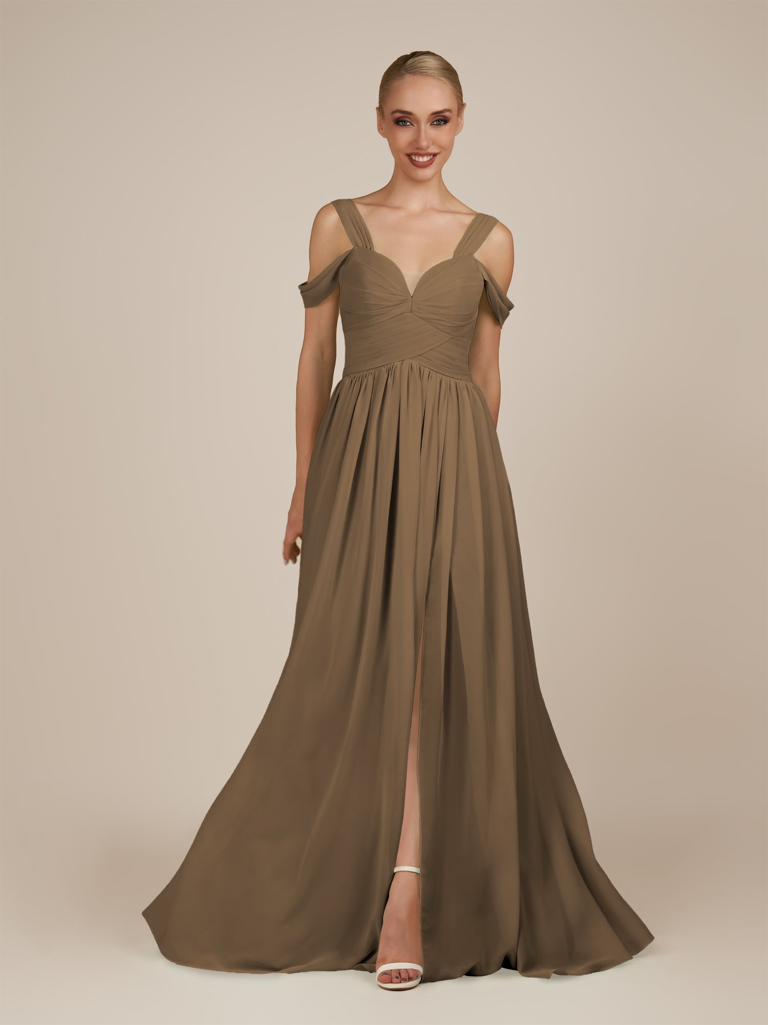 KissDress-Faye Willow Green A Line Chiffon Off the Shoulder Pleated Long Bridesmaid Dress with Slit