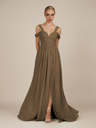 KissDress-Faye Willow Green A Line Chiffon Off the Shoulder Pleated Long Bridesmaid Dress with Slit