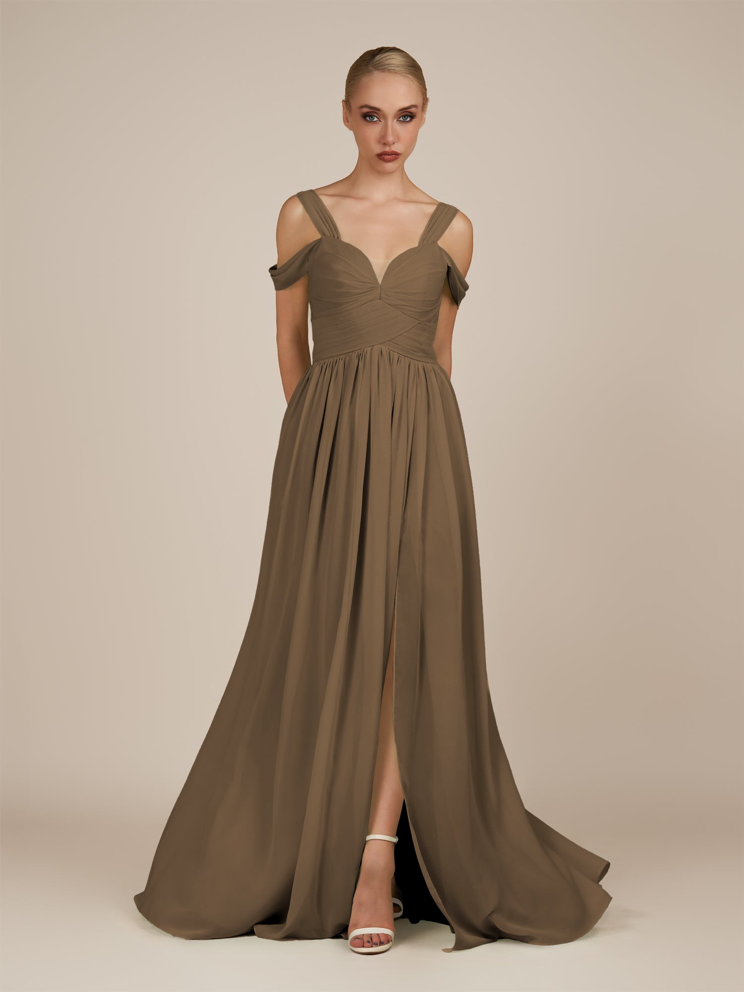 KissDress-Faye Willow Green A Line Chiffon Off the Shoulder Pleated Long Bridesmaid Dress with Slit