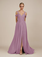 KissDress-Faye Wisteria A Line Chiffon Off the Shoulder Pleated Long Bridesmaid Dress with Slit