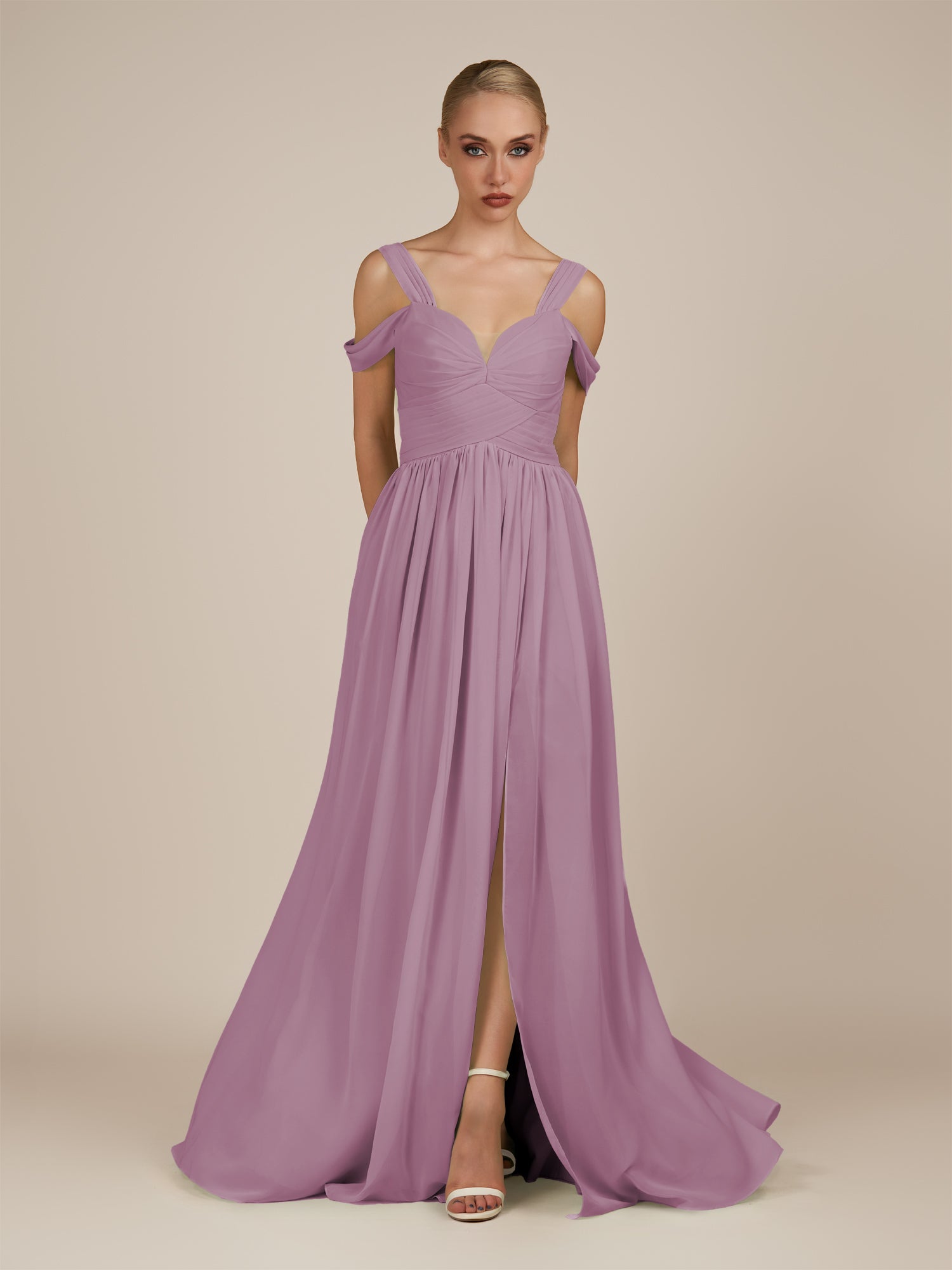 KissDress-Faye Wisteria A Line Chiffon Off the Shoulder Pleated Long Bridesmaid Dress with Slit