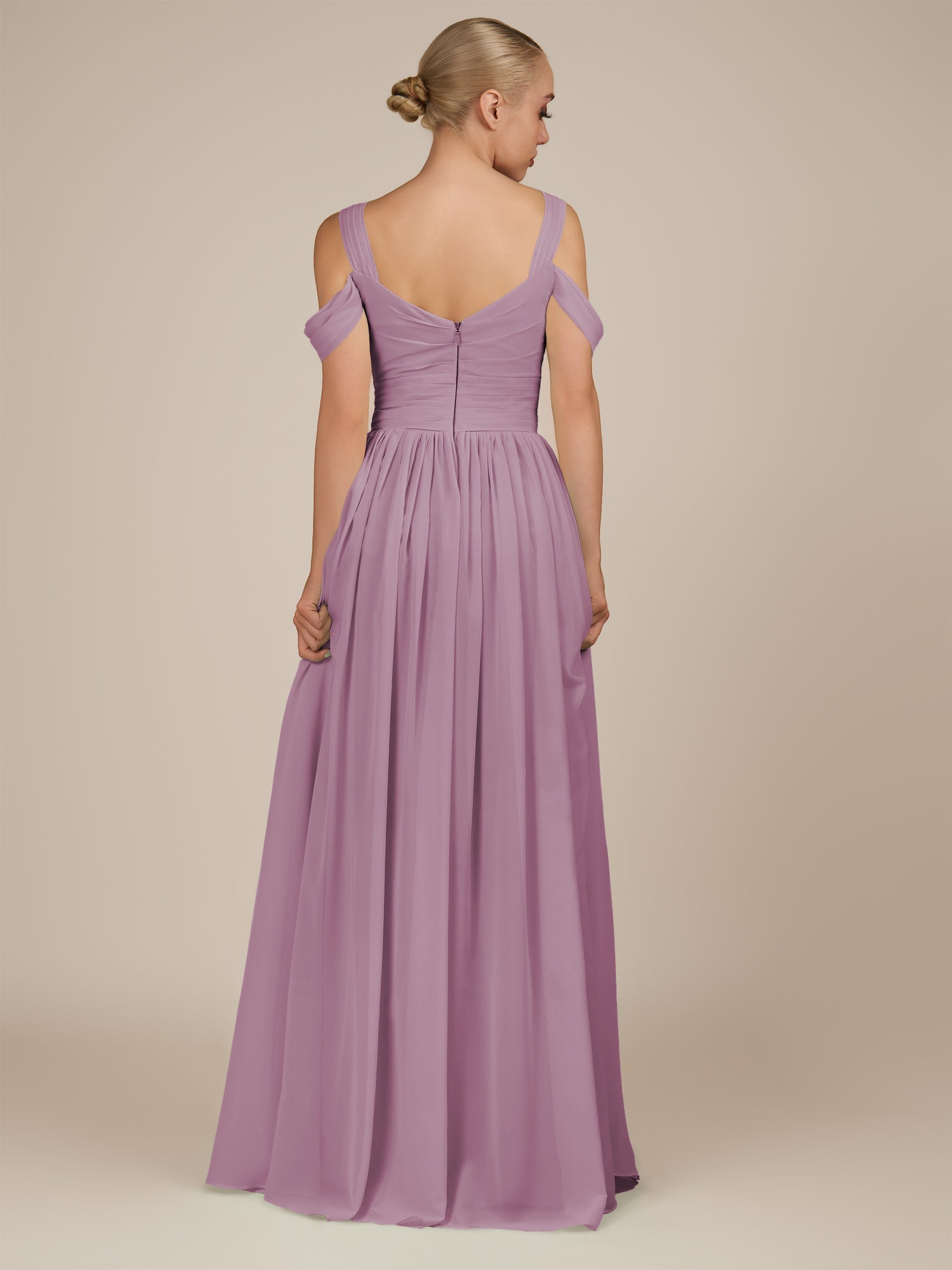 KissDress-Faye Wisteria A Line Chiffon Off the Shoulder Pleated Long Bridesmaid Dress with Slit