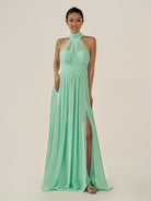 KissDress-Fayra Pale Pistachio A Line Chiffon Halter Neck Pleated Long Bridesmaid Dress with Slit
