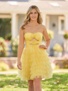 Feben | Strapless Tiered Ruffle Tulle Short Homecoming Dress With Flowers - KissProm