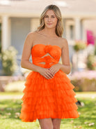 Feben | Strapless Tiered Ruffle Tulle Short Homecoming Dress With Flowers - KissProm