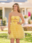 Feben | Strapless Tiered Ruffle Tulle Short Homecoming Dress With Flowers - KissProm