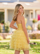 Feben | Strapless Tiered Ruffle Tulle Short Homecoming Dress With Flowers - KissProm