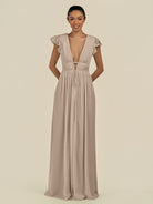 KissDress-Fienna Almond A Line Chiffon Deep V Neck Long Bridesmaid Dress with Flutter Sleeves
