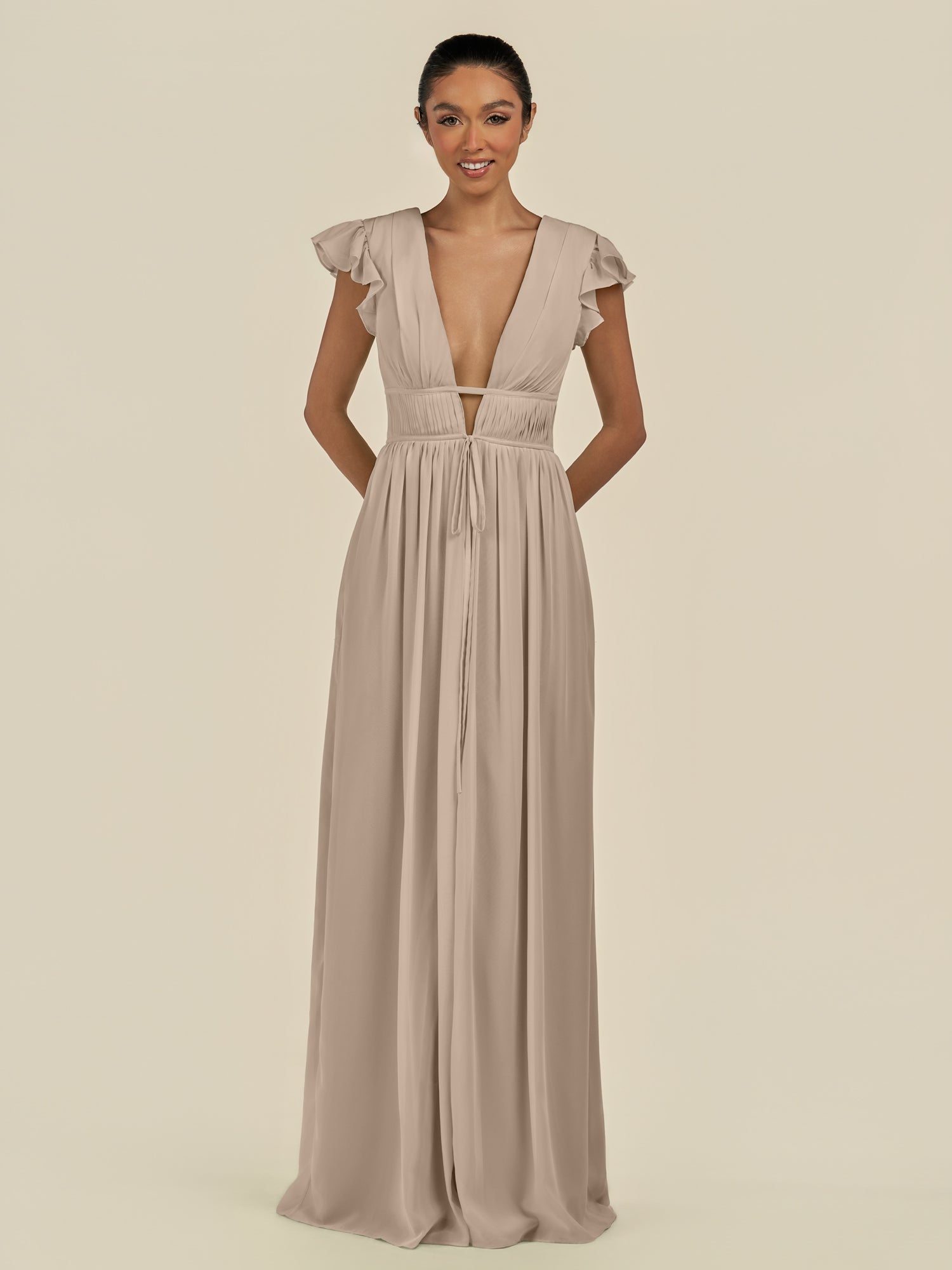 KissDress-Fienna Almond A Line Chiffon Deep V Neck Long Bridesmaid Dress with Flutter Sleeves