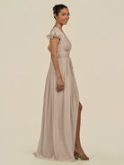 KissDress-Fienna Almond A Line Chiffon Deep V Neck Long Bridesmaid Dress with Flutter Sleeves