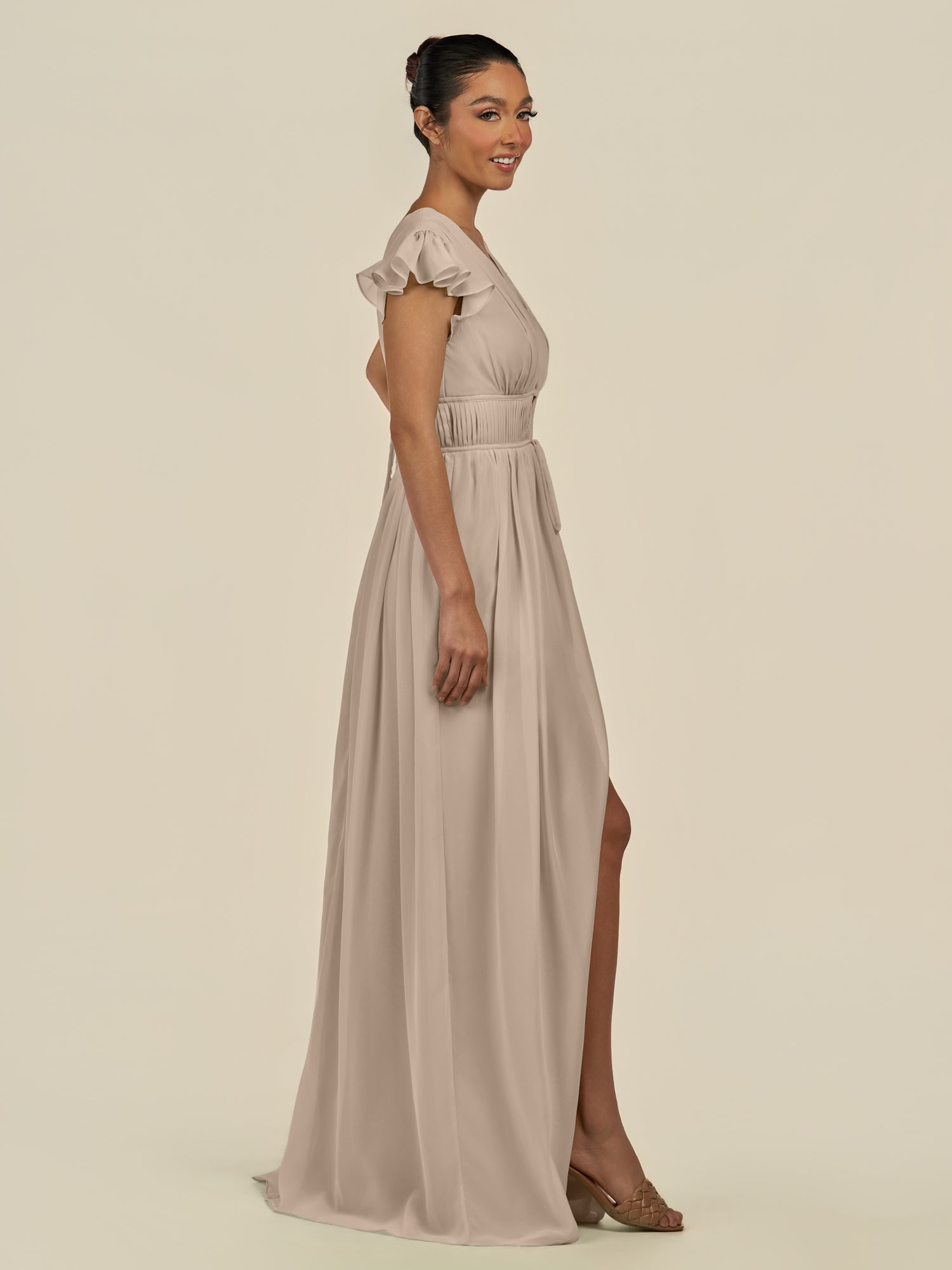 KissDress-Fienna Almond A Line Chiffon Deep V Neck Long Bridesmaid Dress with Flutter Sleeves