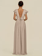 KissDress-Fienna Almond A Line Chiffon Deep V Neck Long Bridesmaid Dress with Flutter Sleeves