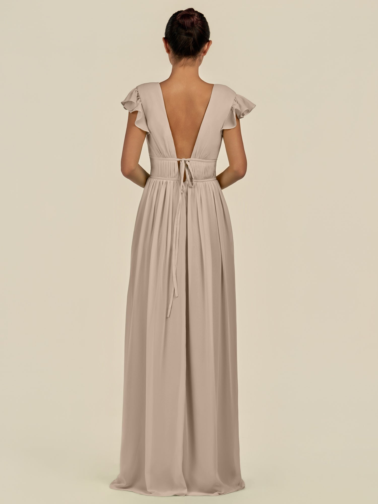 KissDress-Fienna Almond A Line Chiffon Deep V Neck Long Bridesmaid Dress with Flutter Sleeves