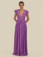 KissDress-Fienna Amethyst A Line Chiffon Deep V Neck Long Bridesmaid Dress with Flutter Sleeves