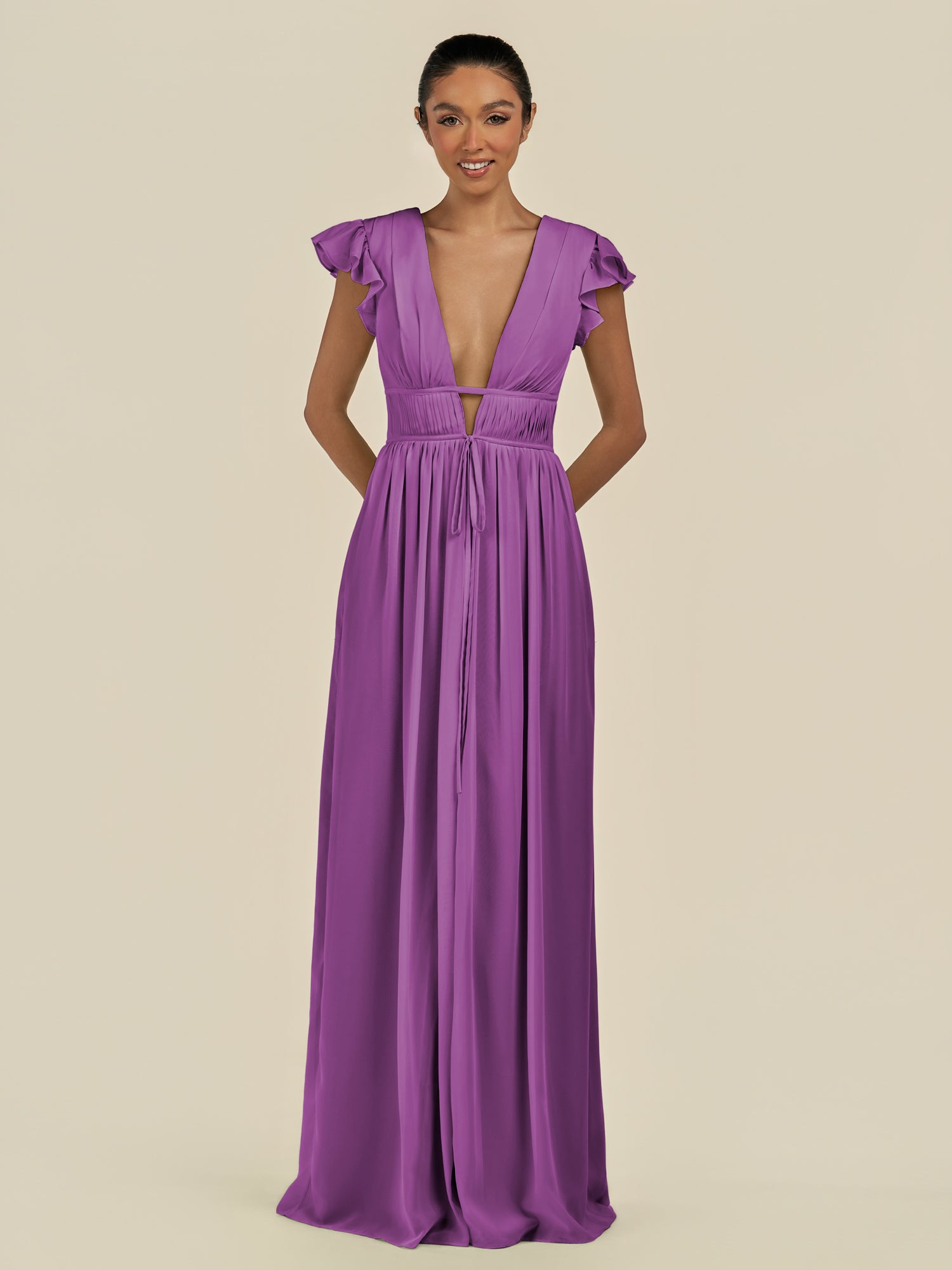 KissDress-Fienna Amethyst A Line Chiffon Deep V Neck Long Bridesmaid Dress with Flutter Sleeves
