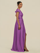 KissDress-Fienna Amethyst A Line Chiffon Deep V Neck Long Bridesmaid Dress with Flutter Sleeves