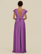 KissDress-Fienna Amethyst A Line Chiffon Deep V Neck Long Bridesmaid Dress with Flutter Sleeves