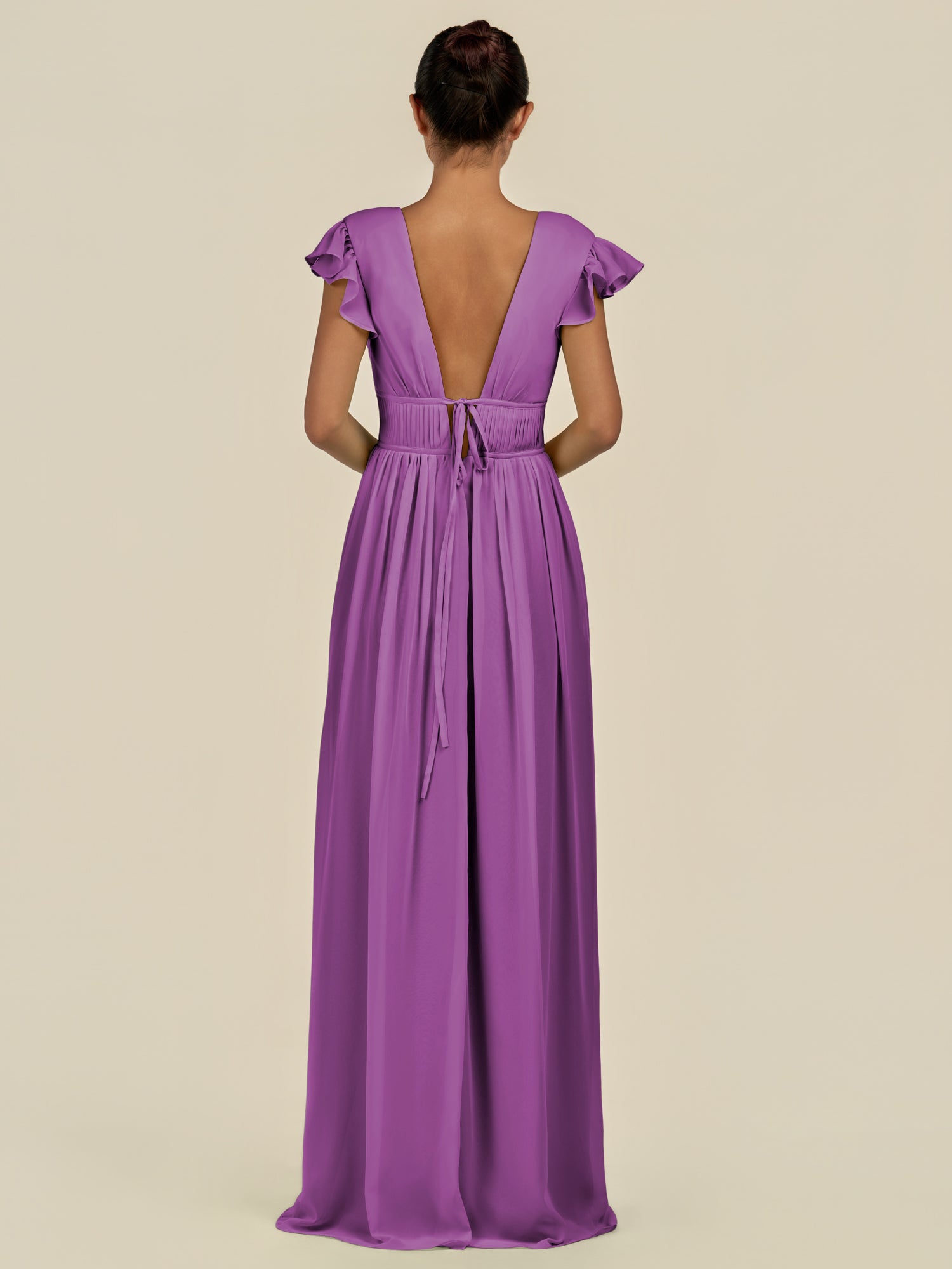 KissDress-Fienna Amethyst A Line Chiffon Deep V Neck Long Bridesmaid Dress with Flutter Sleeves