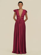 KissDress-Fienna Berry A Line Chiffon Deep V Neck Long Bridesmaid Dress with Flutter Sleeves