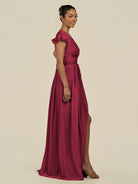 KissDress-Fienna Berry A Line Chiffon Deep V Neck Long Bridesmaid Dress with Flutter Sleeves