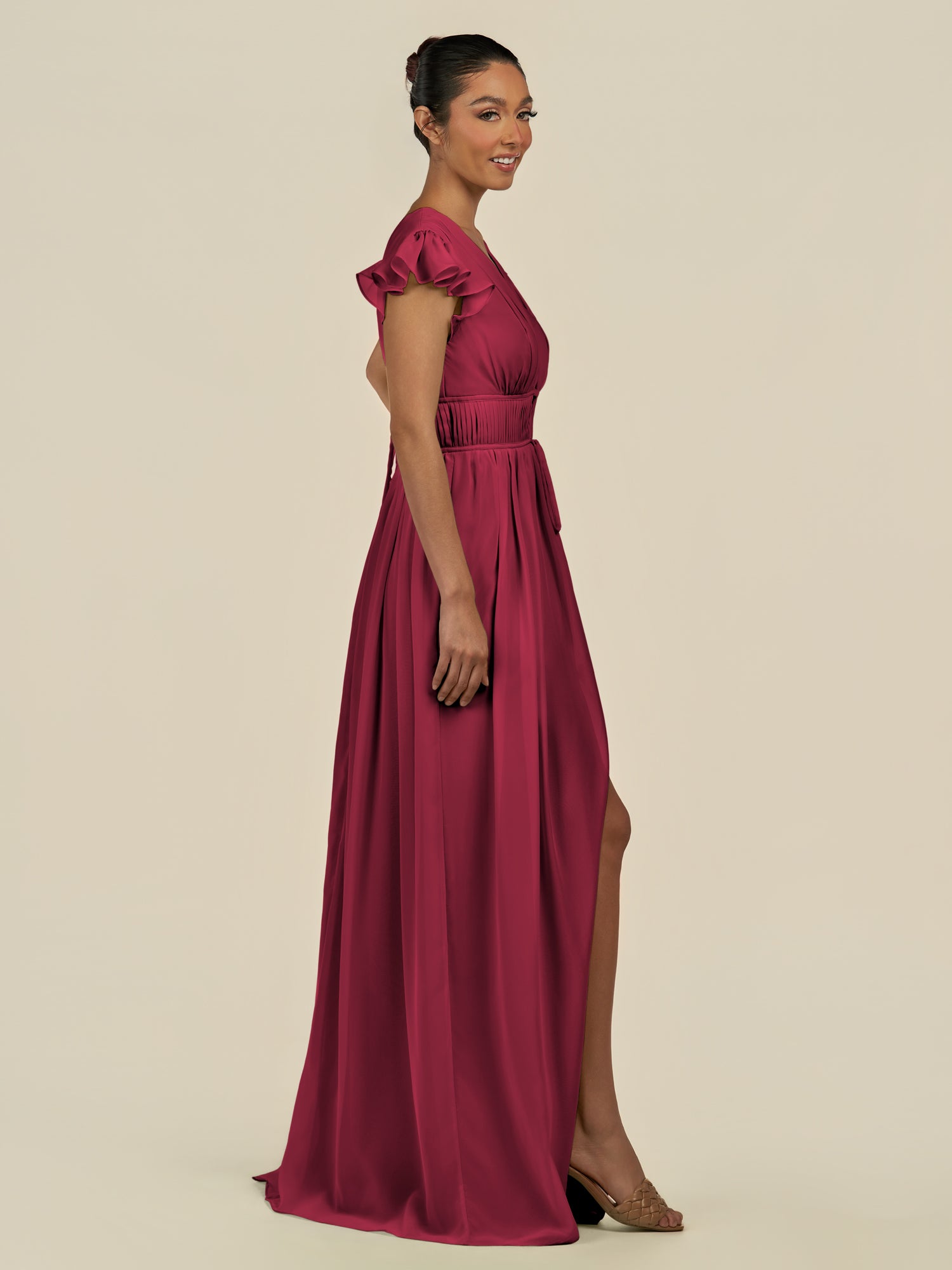 KissDress-Fienna Berry A Line Chiffon Deep V Neck Long Bridesmaid Dress with Flutter Sleeves