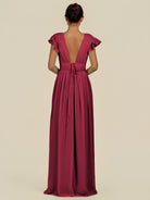 KissDress-Fienna Berry A Line Chiffon Deep V Neck Long Bridesmaid Dress with Flutter Sleeves
