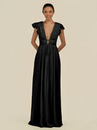 KissDress-Fienna Black A Line Chiffon Deep V Neck Long Bridesmaid Dress with Flutter Sleeves