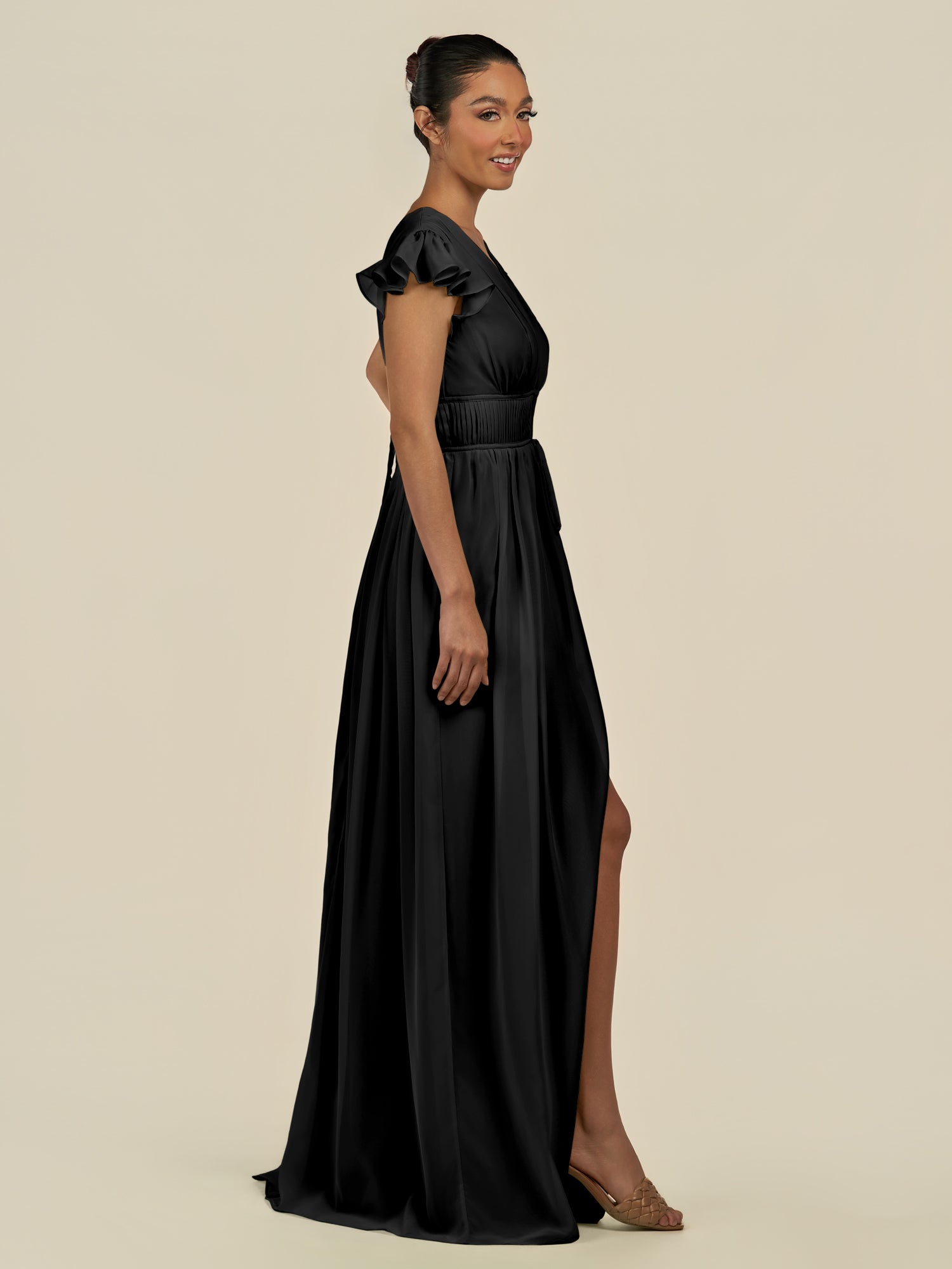 KissDress-Fienna Black A Line Chiffon Deep V Neck Long Bridesmaid Dress with Flutter Sleeves