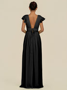 KissDress-Fienna Black A Line Chiffon Deep V Neck Long Bridesmaid Dress with Flutter Sleeves