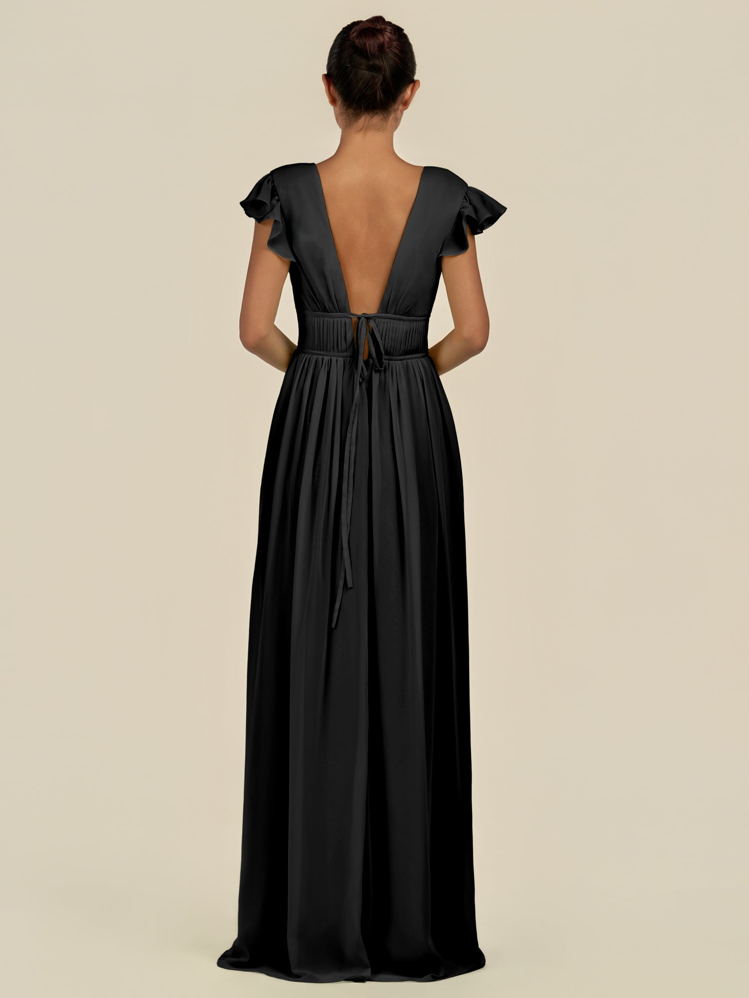 KissDress-Fienna Black A Line Chiffon Deep V Neck Long Bridesmaid Dress with Flutter Sleeves