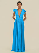 KissDress-Fienna Blue Jay A Line Chiffon Deep V Neck Long Bridesmaid Dress with Flutter Sleeves