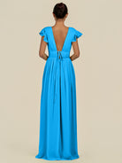 KissDress-Fienna Blue Jay A Line Chiffon Deep V Neck Long Bridesmaid Dress with Flutter Sleeves