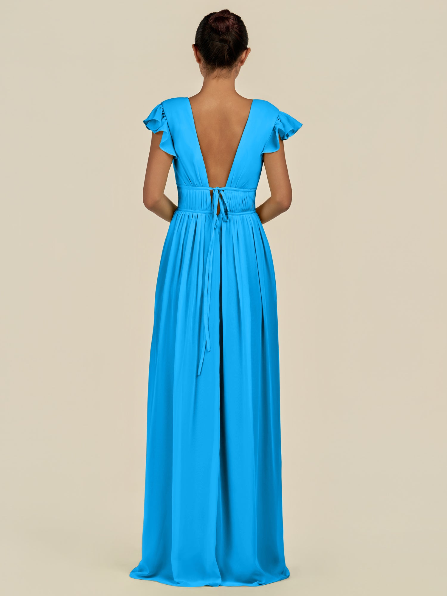 KissDress-Fienna Blue Jay A Line Chiffon Deep V Neck Long Bridesmaid Dress with Flutter Sleeves