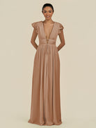 KissDress-Fienna Bronzer A Line Chiffon Deep V Neck Long Bridesmaid Dress with Flutter Sleeves