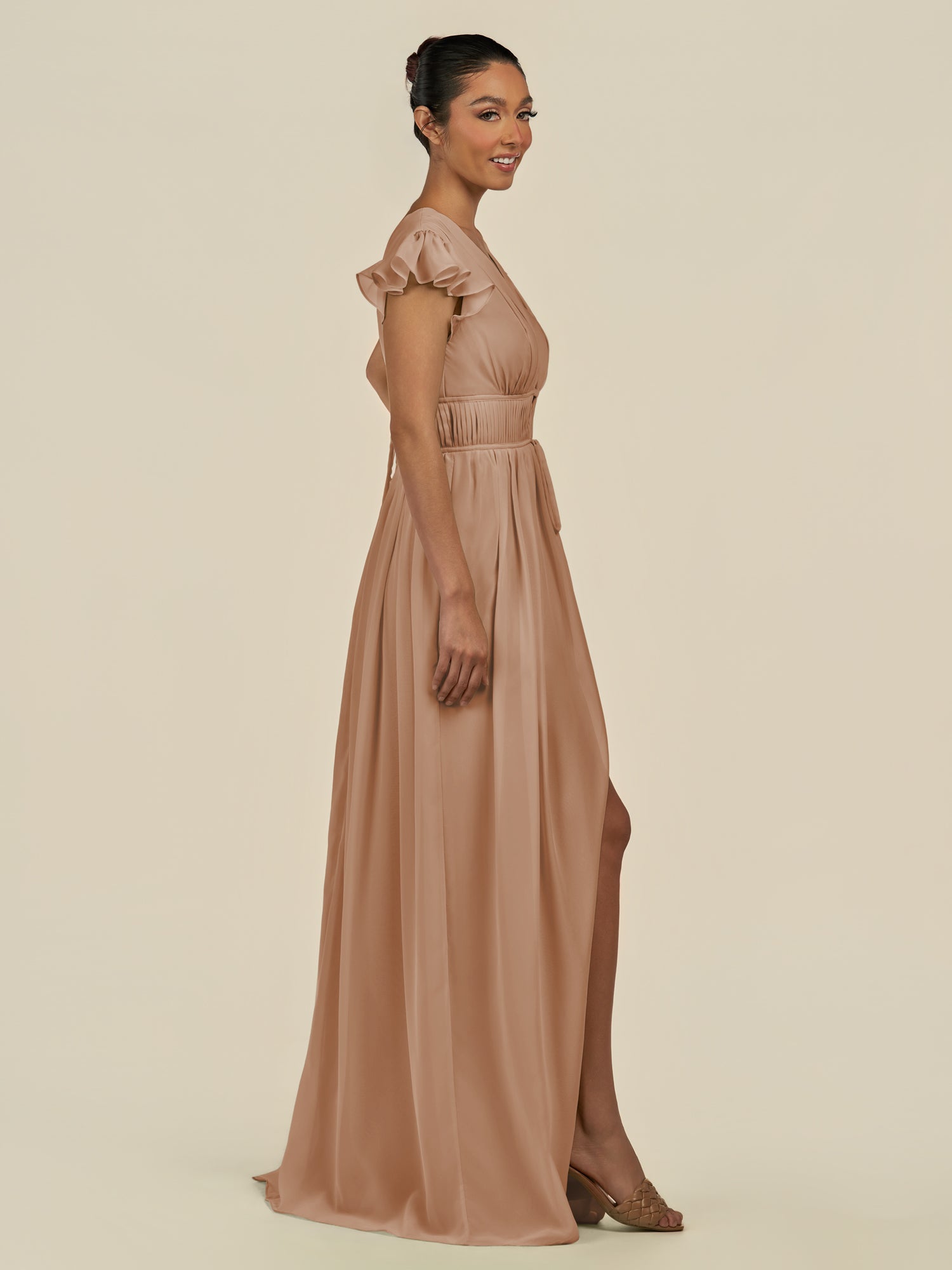 KissDress-Fienna Bronzer A Line Chiffon Deep V Neck Long Bridesmaid Dress with Flutter Sleeves