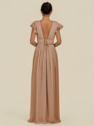 KissDress-Fienna Bronzer A Line Chiffon Deep V Neck Long Bridesmaid Dress with Flutter Sleeves