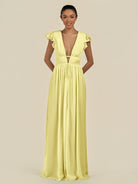 KissDress-Fienna Buttercup A Line Chiffon Deep V Neck Long Bridesmaid Dress with Flutter Sleeves