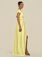 KissDress-Fienna Buttercup A Line Chiffon Deep V Neck Long Bridesmaid Dress with Flutter Sleeves