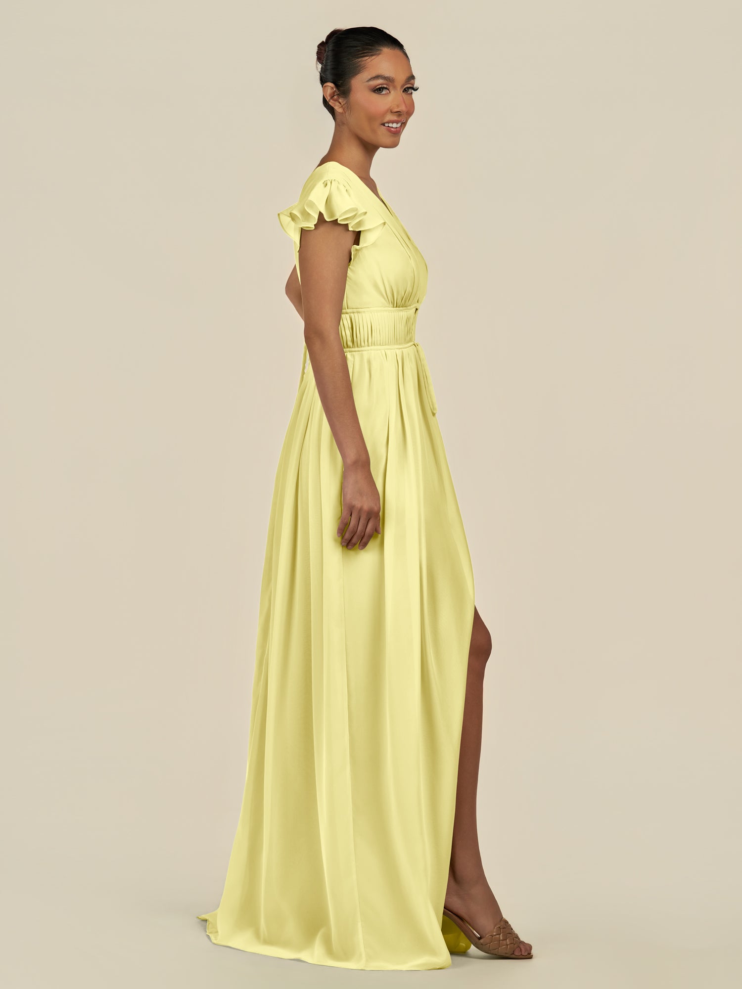 KissDress-Fienna Buttercup A Line Chiffon Deep V Neck Long Bridesmaid Dress with Flutter Sleeves