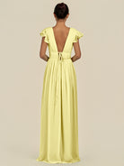 KissDress-Fienna Buttercup A Line Chiffon Deep V Neck Long Bridesmaid Dress with Flutter Sleeves