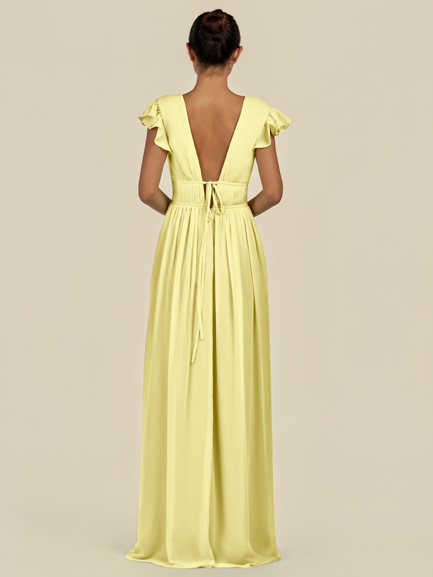 KissDress-Fienna Buttercup A Line Chiffon Deep V Neck Long Bridesmaid Dress with Flutter Sleeves
