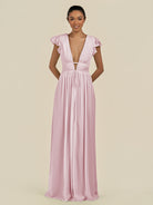 KissDress-Fienna Candy Pink A Line Chiffon Deep V Neck Long Bridesmaid Dress with Flutter Sleeves