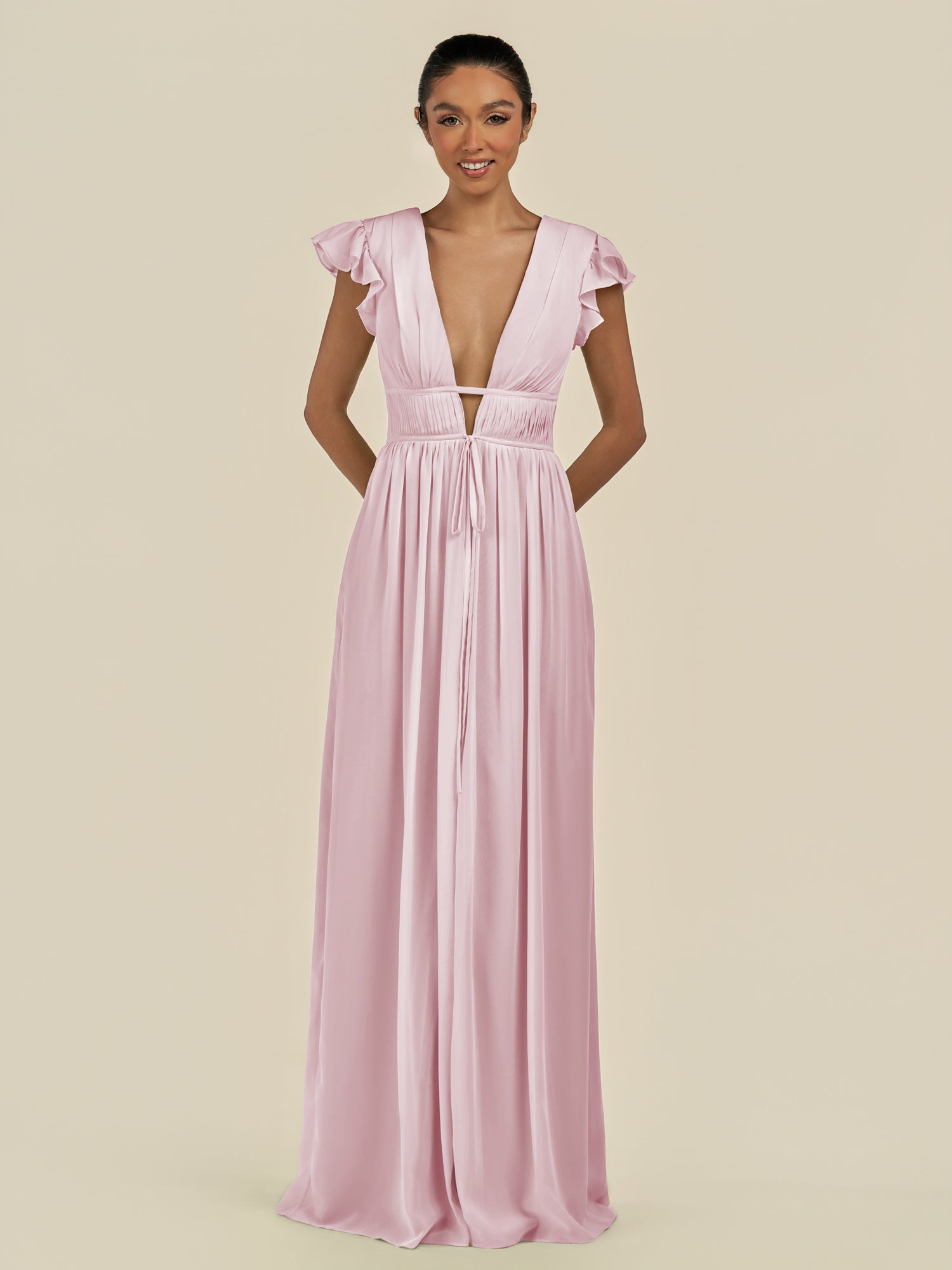 KissDress-Fienna Candy Pink A Line Chiffon Deep V Neck Long Bridesmaid Dress with Flutter Sleeves