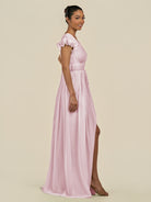 KissDress-Fienna Candy Pink A Line Chiffon Deep V Neck Long Bridesmaid Dress with Flutter Sleeves