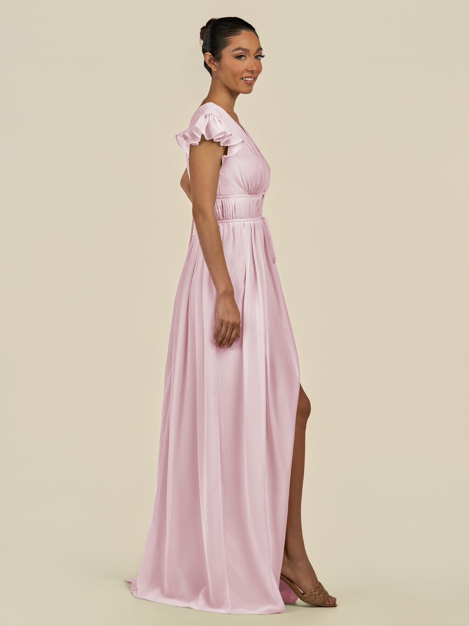 KissDress-Fienna Candy Pink A Line Chiffon Deep V Neck Long Bridesmaid Dress with Flutter Sleeves